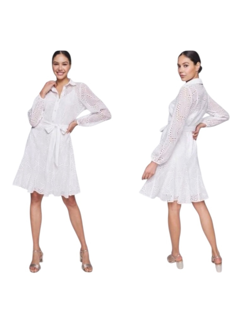 WHBM White Eyelet Shirt Dress Long Sleeve Belted Fit & Flare Size 12 570365920